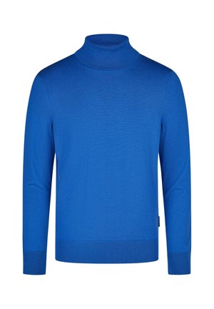 Felblauwe coltrui met lange mouwen met geribde boorden, zoom en kraag, getoond op een witte achtergrond.