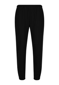 Schwarze Jogginghose mit elastischem Bund und Bündchen. Hergestellt aus einem weichen, glatten Stoff, mit einem geraden Bein und ohne Muster oder Akzente.