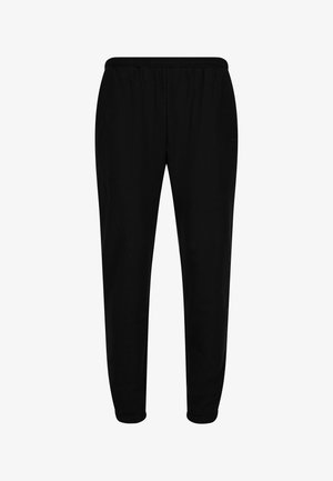 Zwarte sweatpants met een elastische tailleband en boorden. Gemaakt van een zachte, gladde stof, met een recht model zonder patronen of accenten.
