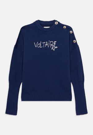 Navy knitted sweater with ribbed cuffs and hem, features "VOLTAIRE" in white embroidery and decorative buttons at the shoulder.