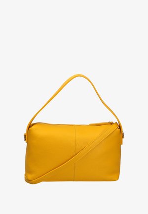 Geel leren schoudertas met een gestructureerde afwerking, ritssluiting en een afneembare schouderriem, met een minimalistisch ontwerp.
