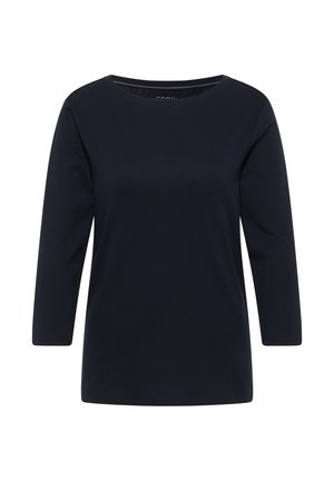 Camiseta de manga larga en azul marino oscuro, confeccionada en algodón suave. Presenta un escote redondo y un corte relajado, sin logotipos ni patrones visibles.