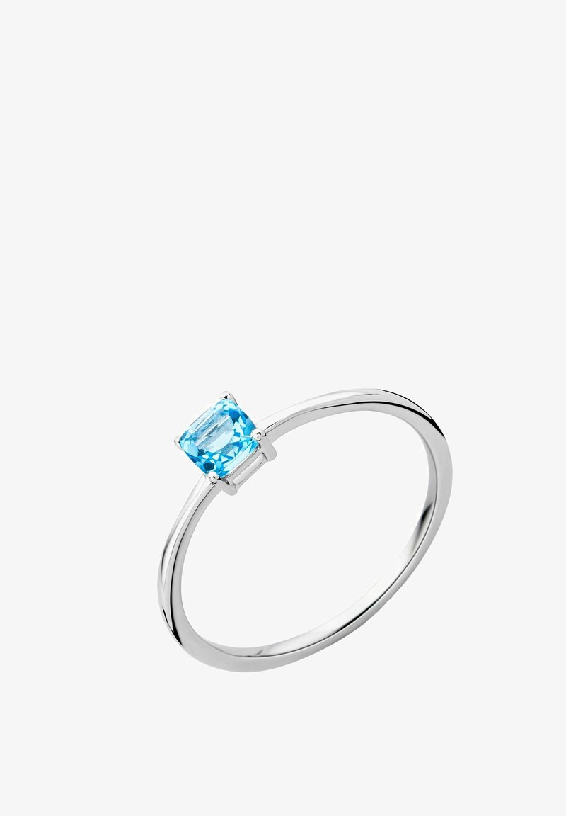 Silver ring with a square-cut light blue gemstone set in a four-prong setting, featuring a smooth, polished band.