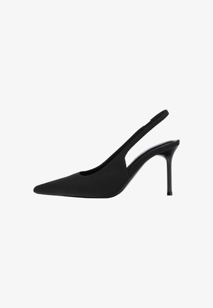 Escarpin slingback noir pour femme à bout pointu, talon stiletto fin et finition mate lisse.