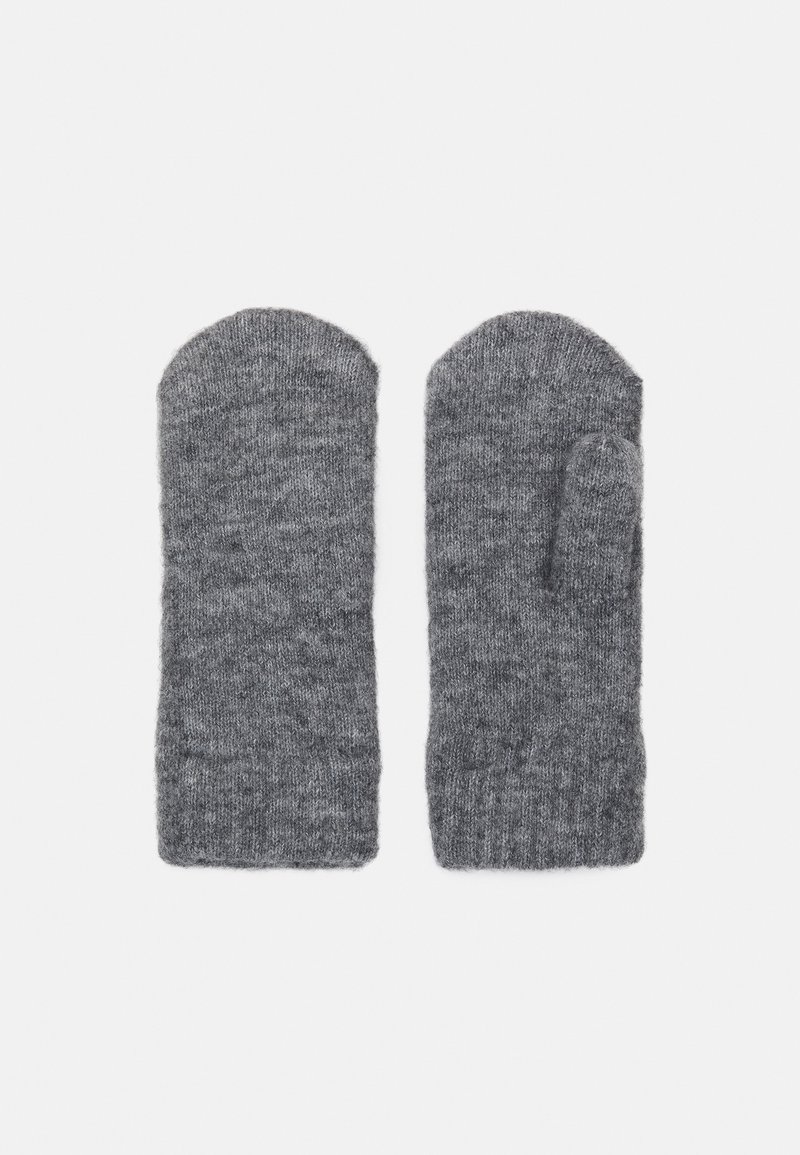 Gray knit mittens featuring a soft texture, rounded tops, and a separate thumb compartment for added warmth and functionality.