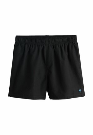 Sorte badeshorts lavet af letvægtsstof med elastisk taljebånd og et lille blåt palmetrælogo på nederste højre side.