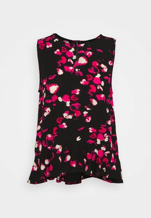 Czarna bluzka bez rękawów z różowo-białym abstrakcyjnym kwiatowym wzorem i falbaną u dołu.