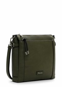 Borsa a tracolla in pelle verde oliva con forma rettangolare, chiusura con zip, tracolla regolabile e dettagli in argento. Presenta delle cuciture decorative.