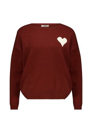 Pull en tricot bourgogne avec un motif de cœur blanc sur la poitrine gauche, doté de poignets et d'un ourlet côtelés pour un ajustement sur mesure.