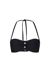 Zwarte bikini-top met een bandeau ontwerp. Heeft geplooide stof en drie decoratieve gouden knopen aan de voorkant, met verstelbare bandjes.