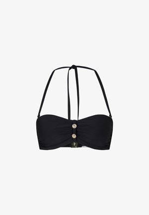Haut de bikini noir avec un design bandeau. Présente un tissu froncé et trois boutons décoratifs dorés à l'avant, avec des bretelles réglables.
