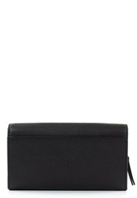 Black leather wallet with a textured surface, rectangular shape, and a zipper pull. Features a simple and minimalistic design.