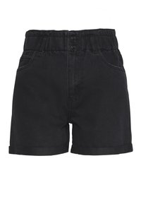 Shorts de mezclilla negros con cinturilla elástica y dos botones, dobladillo enrollado y diseño de cinco bolsillos. Textura suave con un ligero brillo.