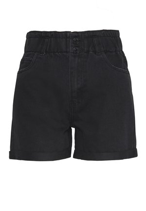 Shorts en denim noir avec une taille élastique dotée de deux boutons, un ourlet retroussé et un design à cinq poches. Texture lisse avec une légère brillance.
