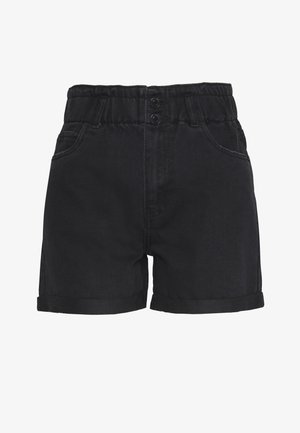 Black denim shorts featuring an elastic waistband with two buttons, rolled hem, and five-pocket design. Smooth texture with slight shine.