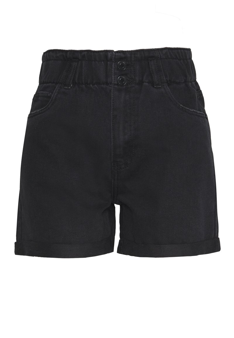 Shorts de mezclilla negros con cinturilla elástica y dos botones, dobladillo enrollado y diseño de cinco bolsillos. Textura suave con un ligero brillo.