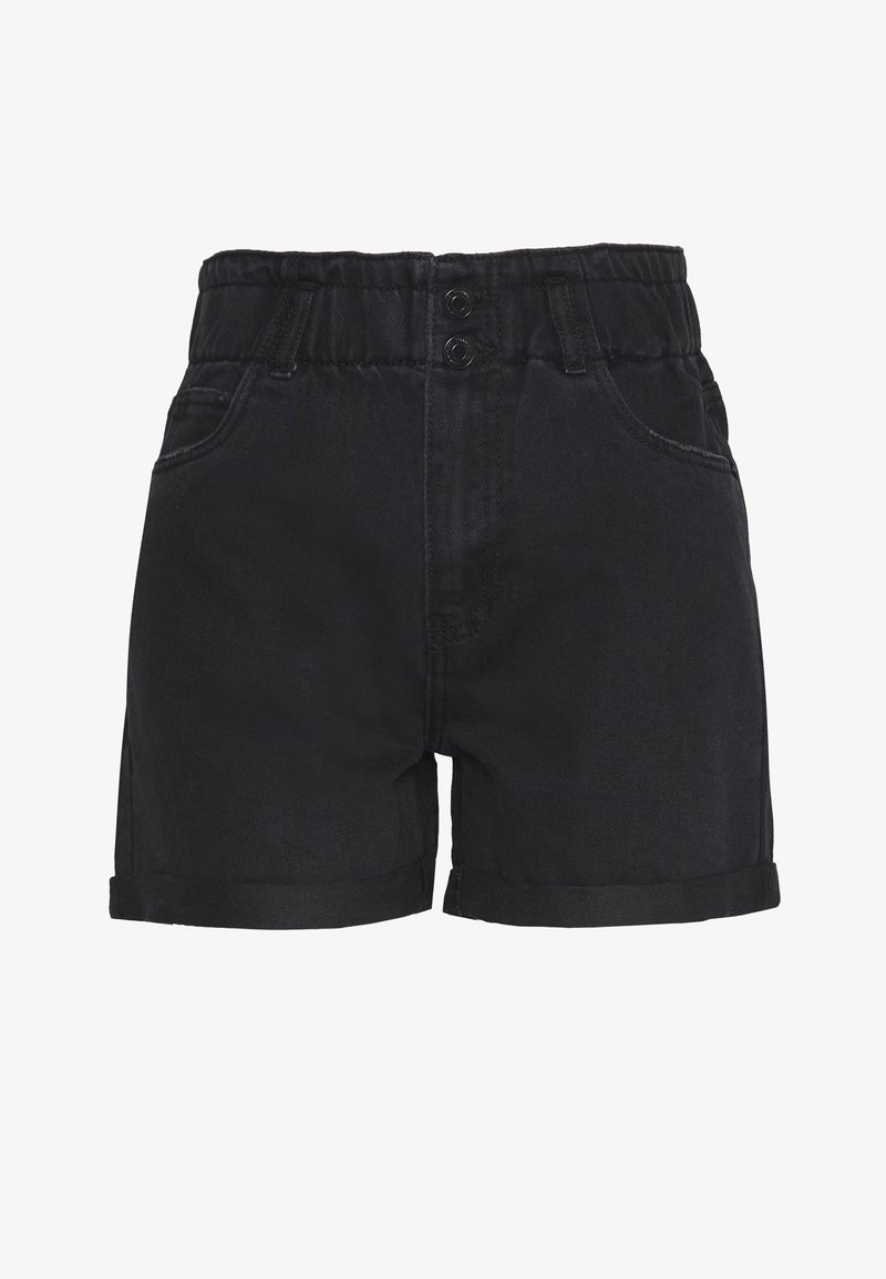 Shorts de mezclilla negros con cinturilla elástica y dos botones, dobladillo enrollado y diseño de cinco bolsillos. Textura suave con un ligero brillo.