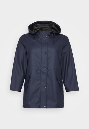 Navy waterproof raincoat with a hood, featuring a zipper and buttons, and two side pockets, displayed against a light background.
