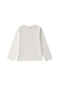 Top de algodón blanco de manga larga con cuello redondo y dobladillo recto. Textura suave, diseño sencillo y sin patrones visibles.