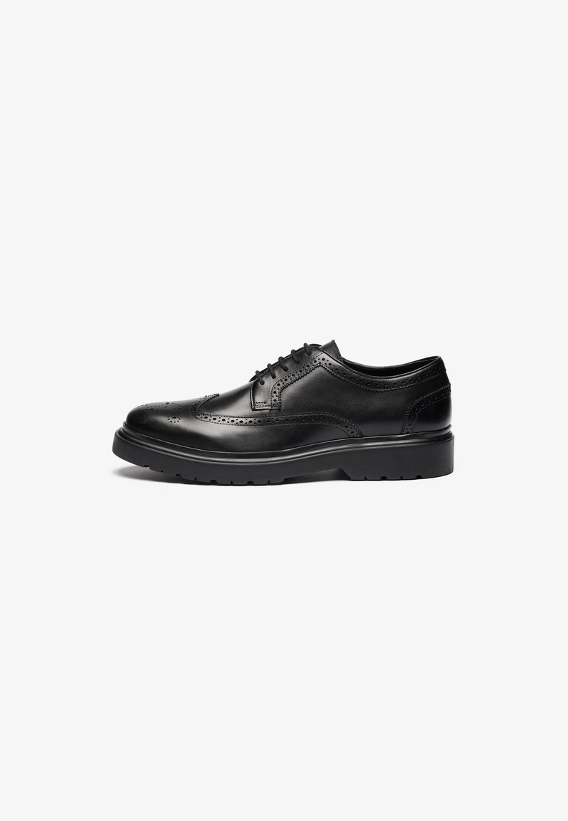 Schwarze Leder-Dressschuhe mit Broguedetails, runder Zehenform und strukturiertem Sohlen. Verfügt über klassische Schnürung und einen stabilen Absatz für Unterstützung.