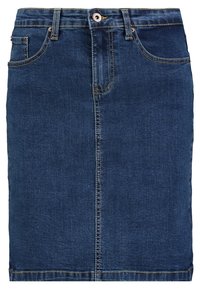 Dunkelblaue Jeansbleistiftrock. Verfügt über ein tailliertes Design, Vordertaschen, Gürtelschlaufen und kontrastierende goldene Nähte entlang der Nähte.