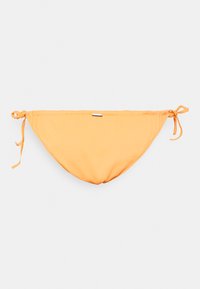 Parte de baixo de biquíni laranja com um tecido texturizado e nervurado, apresentando laços laterais e um discreto detalhe do logotipo da marca. Moldada para um ajuste de cobertura moderada.