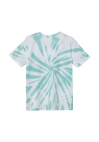 Witte katoenen t-shirt met een mintgroene tie-dye patroon, voorzien van een ronde hals en korte mouwen, met een zonnestraalontwerp op de achterkant.