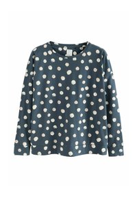 Blaues Sweatshirt mit weißen und hellrosa Polka Dots, Rundhalsausschnitt, langen Ärmeln und einem lässigen Schnitt. Hergestellt aus weichem Stoff.