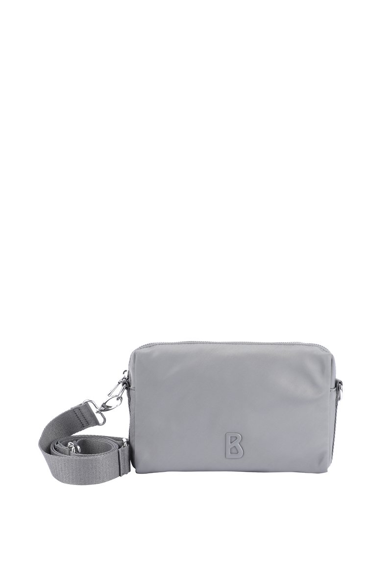 Grauer synthetischer Crossbody-Beutel mit einer flachen rechteckigen Form, Reißverschluss und verstellbarem Riemen. Auf der Vorderseite befindet sich ein geprägter Buchstabe "B".
