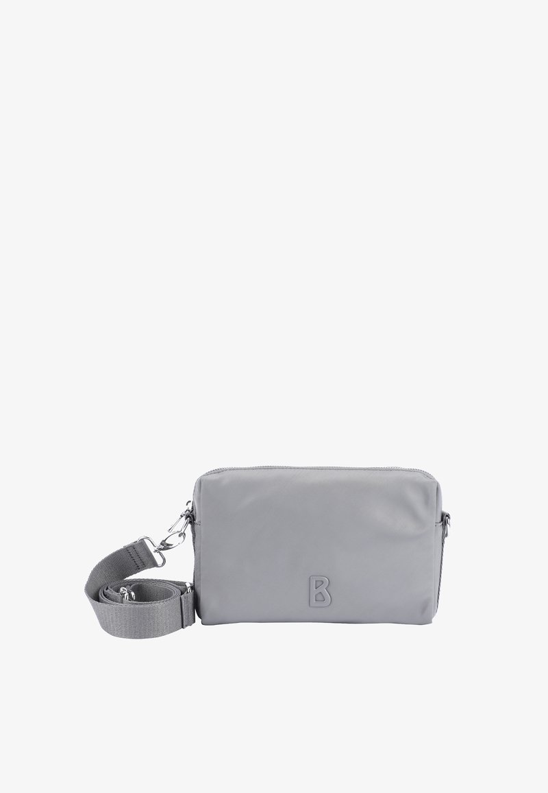 Grauer synthetischer Crossbody-Beutel mit einer flachen rechteckigen Form, Reißverschluss und verstellbarem Riemen. Auf der Vorderseite befindet sich ein geprägter Buchstabe "B".