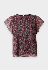 Blouse noire avec petit imprimé floral rouge et rose, manches légères transparentes et col rond avec fermeture par boutons au dos.