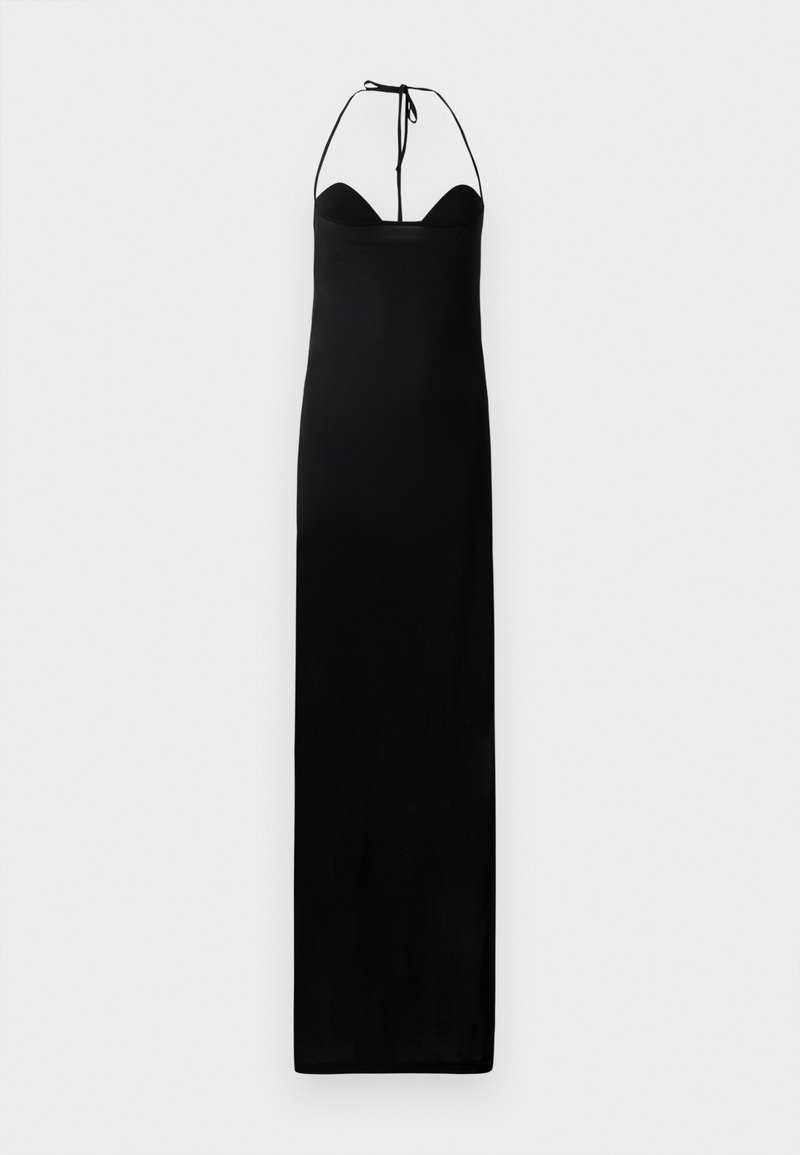 Black maxi dress with a fitted bodice, halter neck ties, and a sleek, smooth texture. Features a straight silhouette with no embellishments.