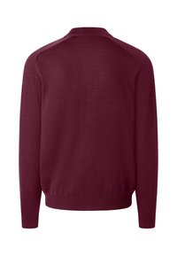 Maglione bordeaux con scollatura rotonda, maniche lunghe e orlo a coste. Materiale a maglia morbido con una superficie liscia e senza motivi visibili.