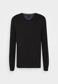 Maglione nero a maniche lunghe con scollo a V, realizzato in un tessuto morbido e liscio con una texture sottile. Presenta un piccolo logo sul petto. Taglia: L.