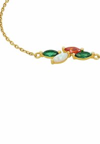 Guldhalsband med fyra marquiseformade ädelstenar i grönt, vitt opal och orange som sitter nära varandra.