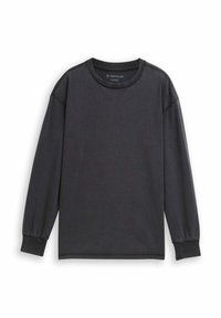 Dunkelgraues, langärmliges Oversized-Shirt aus weicher Baumwolle. Verfügt über einen runden Halsausschnitt und elastische Bündchen mit einer glatten Textur.