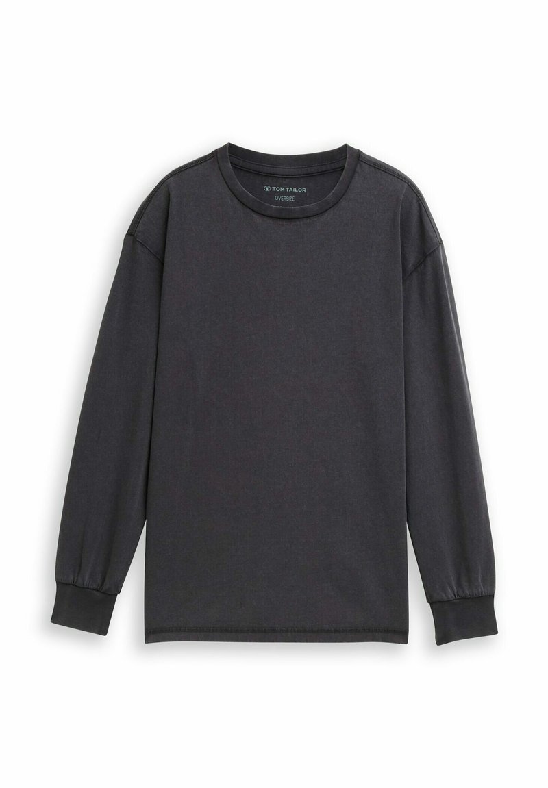 Dunkelgraues, langärmliges Oversized-Shirt aus weicher Baumwolle. Verfügt über einen runden Halsausschnitt und elastische Bündchen mit einer glatten Textur.