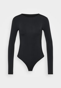 Fekete, hosszú ujjú bodysuit rugalmas anyagból, kerek nyakkivágással és magasabban vágott alsó résszel, sima szélekkel.