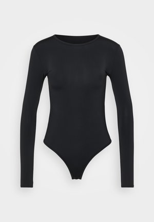 Zwarte lange mouwen bodysuit gemaakt van rekbaar materiaal, met een ronde halslijn en een hoog uitgesneden onderkant met naadloze randen.
