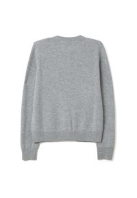 Pull en tricot gris, avec un col rond, des manches longues, des poignets et un ourlet côtelés, et une finition douce et texturée. Vue de dos présentée.