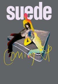 Grafický design s barevnými siluetami dvou postav ležících na pruhované matraci, s textem "suede" a "Coming Up" v tučném písmu.