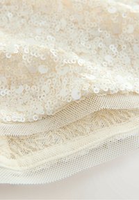 Gros plan sur un tissu crème superposé arborant des sequins, de la dentelle et une texture fine en maille.