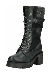 Black leather lace-up boot with a textured grey knit cuff, low chunky heel, and branded accents on the side and sole.