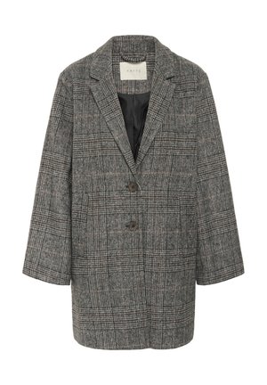 Blazer à carreaux gris avec un col cranté, deux boutons à l'avant et des poches latérales ; il présente un tissu en mélange de laine texturé avec des accents bruns subtils.