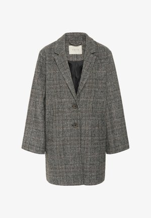 Pelēka laukuma uzvalka žakete ar izsistiem lakotajiem, diviem priekšējiem pogām un sānu kabatām; izgatavota no teksturēta vilnas maisījuma auduma ar smalkiem brūniem akcentiem.