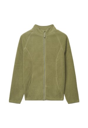 Veste polaire vert olive à fermeture éclair intégrale, col montant et manches longues, présentée à plat sur un fond blanc.