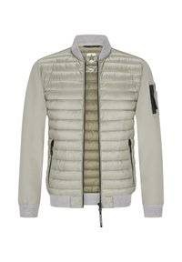 Hellgraue gesteppte Bomberjacke mit Strickkragen, Bündchen, Saum, Reißverschluss vorne, Seitentaschen und einer Reißverschlusstasche am linken Ärmel.