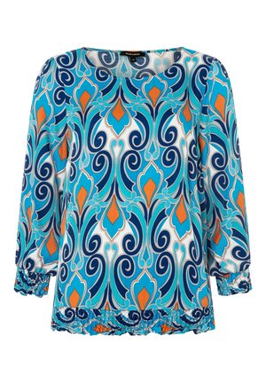 Blouse à manches longues avec un motif tourbillonnant orné bleu, turquoise, orange et blanc, col rond, poignets et ourlet élastiques.