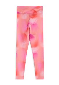 Leggings rosas con una tela suave y elástica que presenta un diseño acuarelado en varios tonos de rosa y naranja suave.