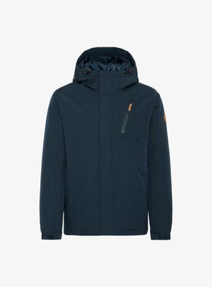 Tumed sinine veekindel jakk kapuutsiga, esine lukuga sulgemine, üks lukuga rinnatasku ja logo tempel vasakul õlal.